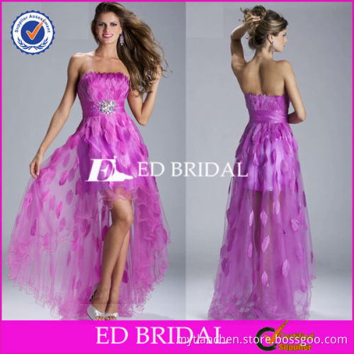 Amazing Hot Pink Strapless Beading Waist Tulle High Low Short Prom Dress With Feathers